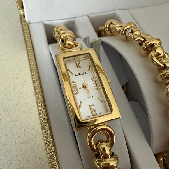 Share Vintage NOS Gruen Gold-Tone Watch, Earrings, & Bracelet Gift Set. Never wo - Picture 3 of 16